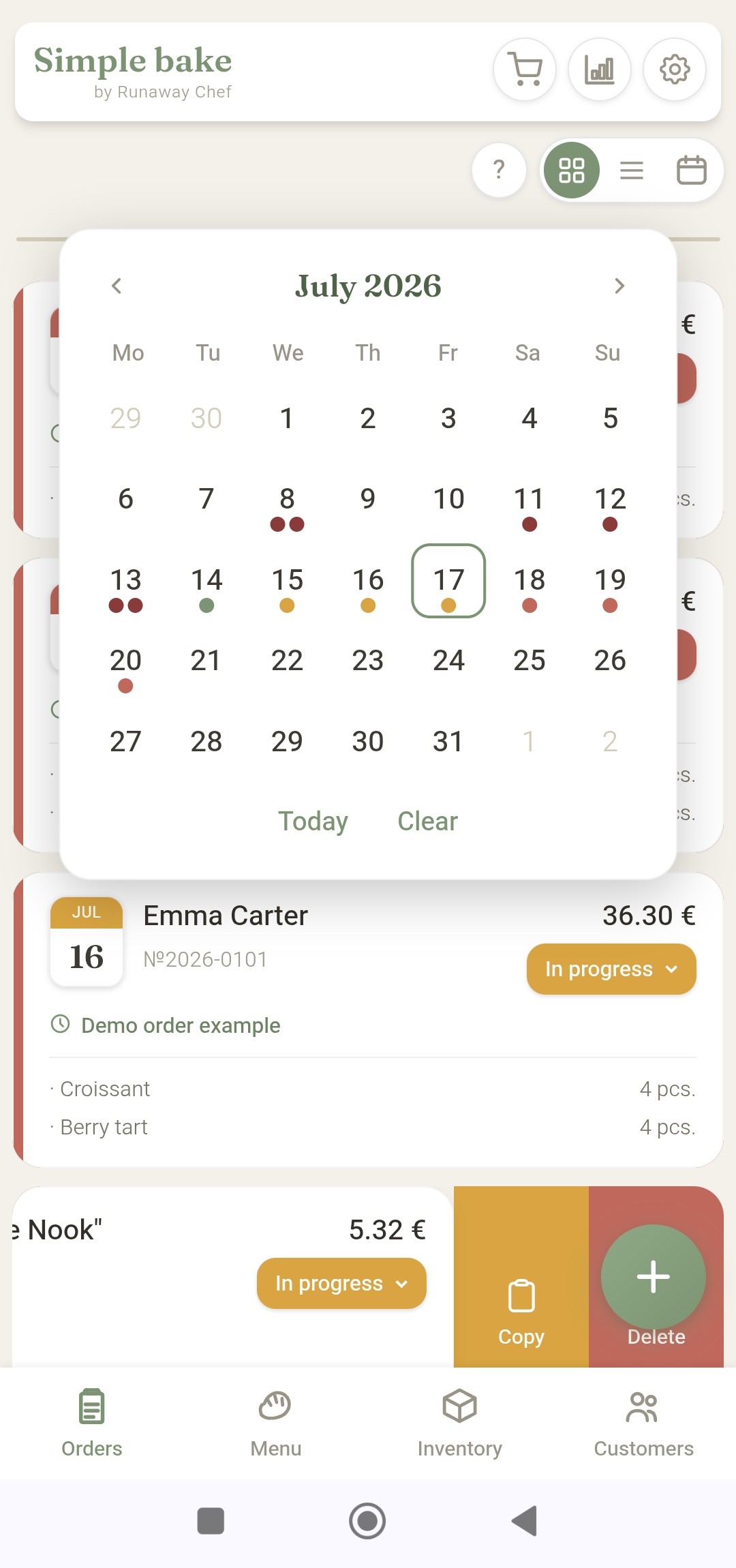 Simple Bake — calendar view