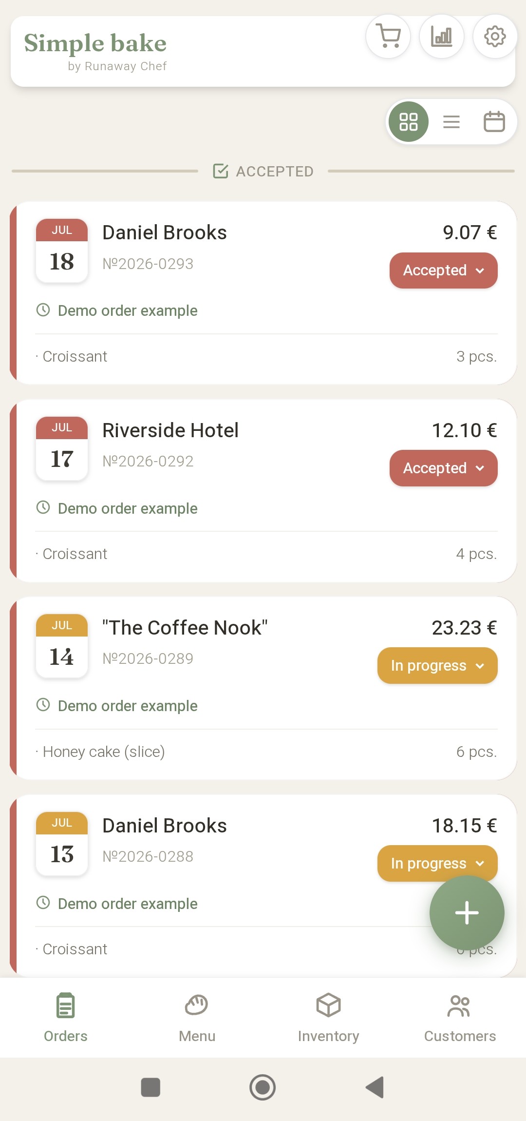 Simple Bake — orders screen